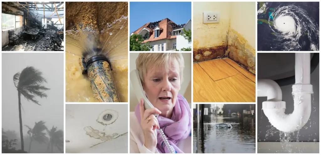 "Collage of disaster-related images including house fire damage, burst pipes, roof damage, moldy walls, hurricane imagery, flooding, storm winds, water-stained ceiling, leaking plumbing, and a concerned woman making a phone call.