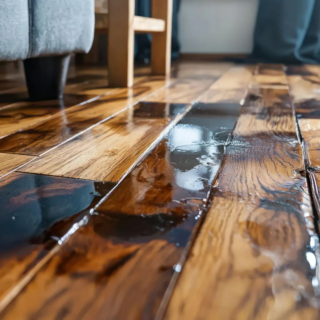 wet and stained floorboards